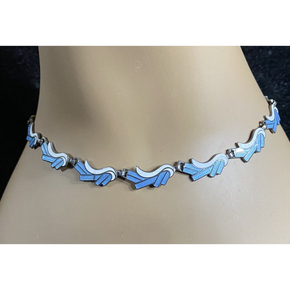 Vintage Margot De Taxco Silver Blue and White Enamel Necklace and Earring set - Picture 2 of 13